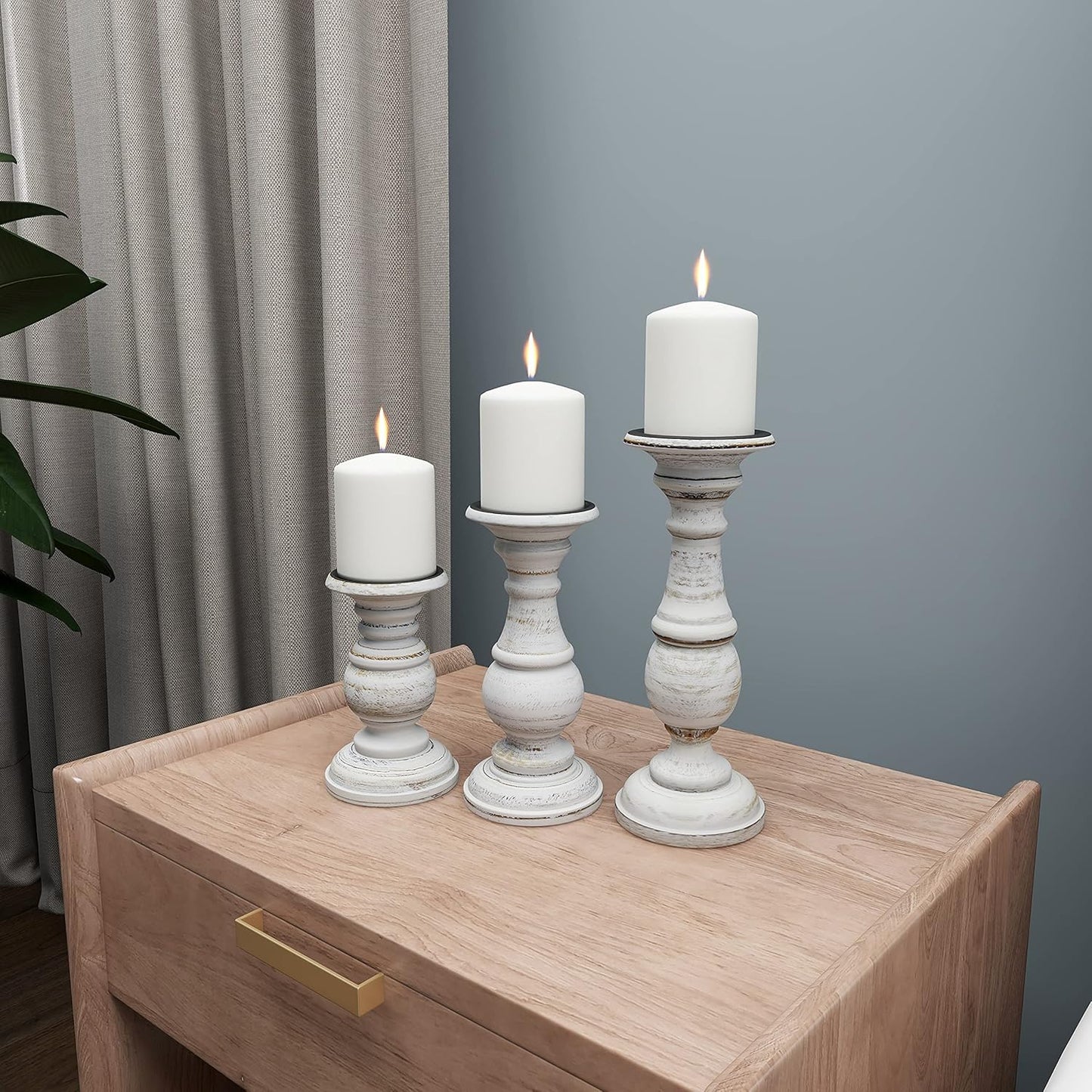 Mango Wood Decorative Candle Holder Turned Style Pillar Candle Stand, Set of 3 Candlestick Holder 10", 8", 6”H, White