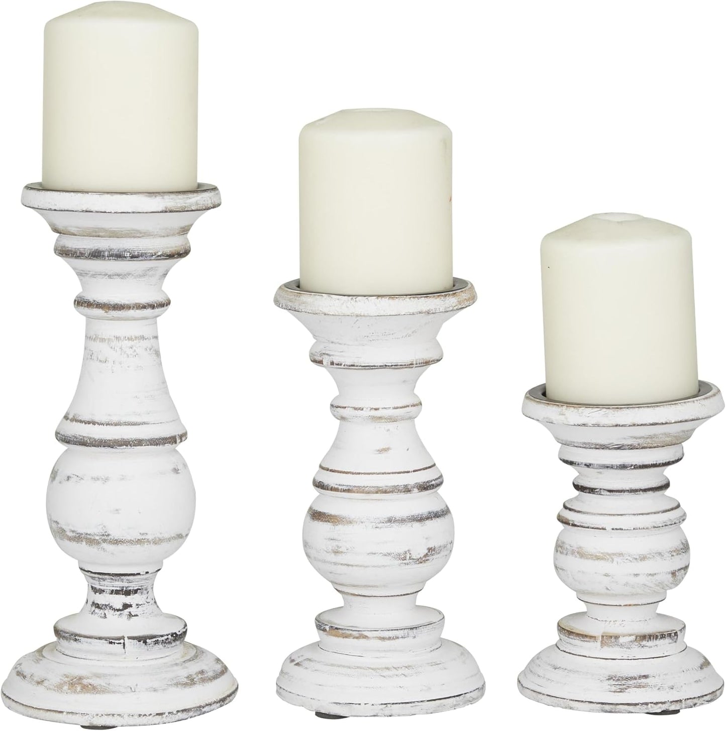 Mango Wood Decorative Candle Holder Turned Style Pillar Candle Stand, Set of 3 Candlestick Holder 10", 8", 6”H, White