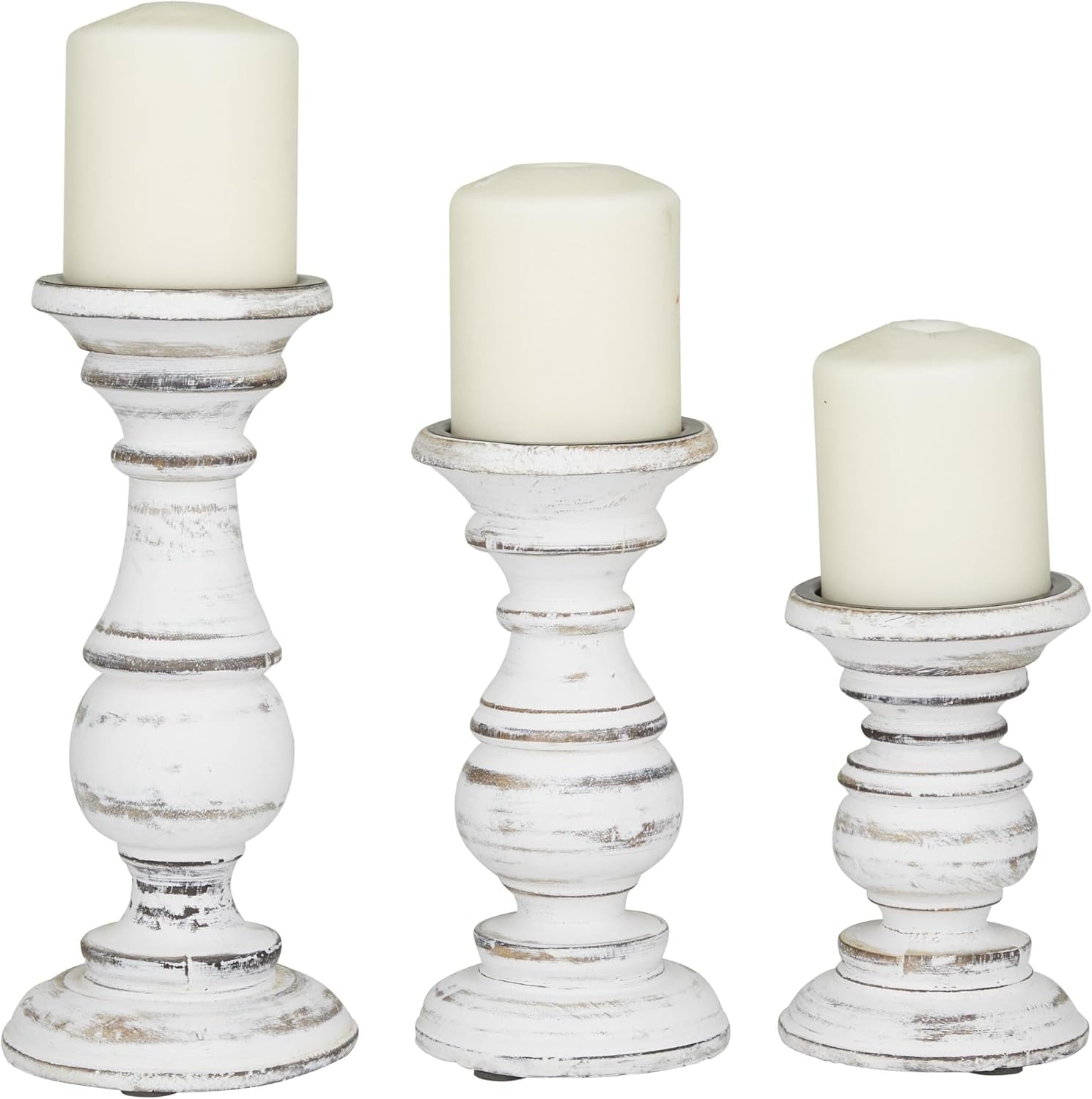 Mango Wood Decorative Candle Holder Turned Style Pillar Candle Stand, Set of 3 Candlestick Holder 10", 8", 6”H, White