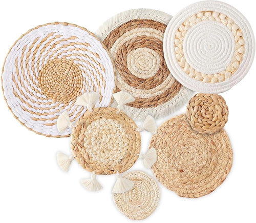 7 Pack Boho Wall Decor, Rattan Wicker Home Decor Boho Wall Art Set Handmade Hanging Rustic Flat Farmhouse Decor for Living Rooms Bedrooms Kitchen