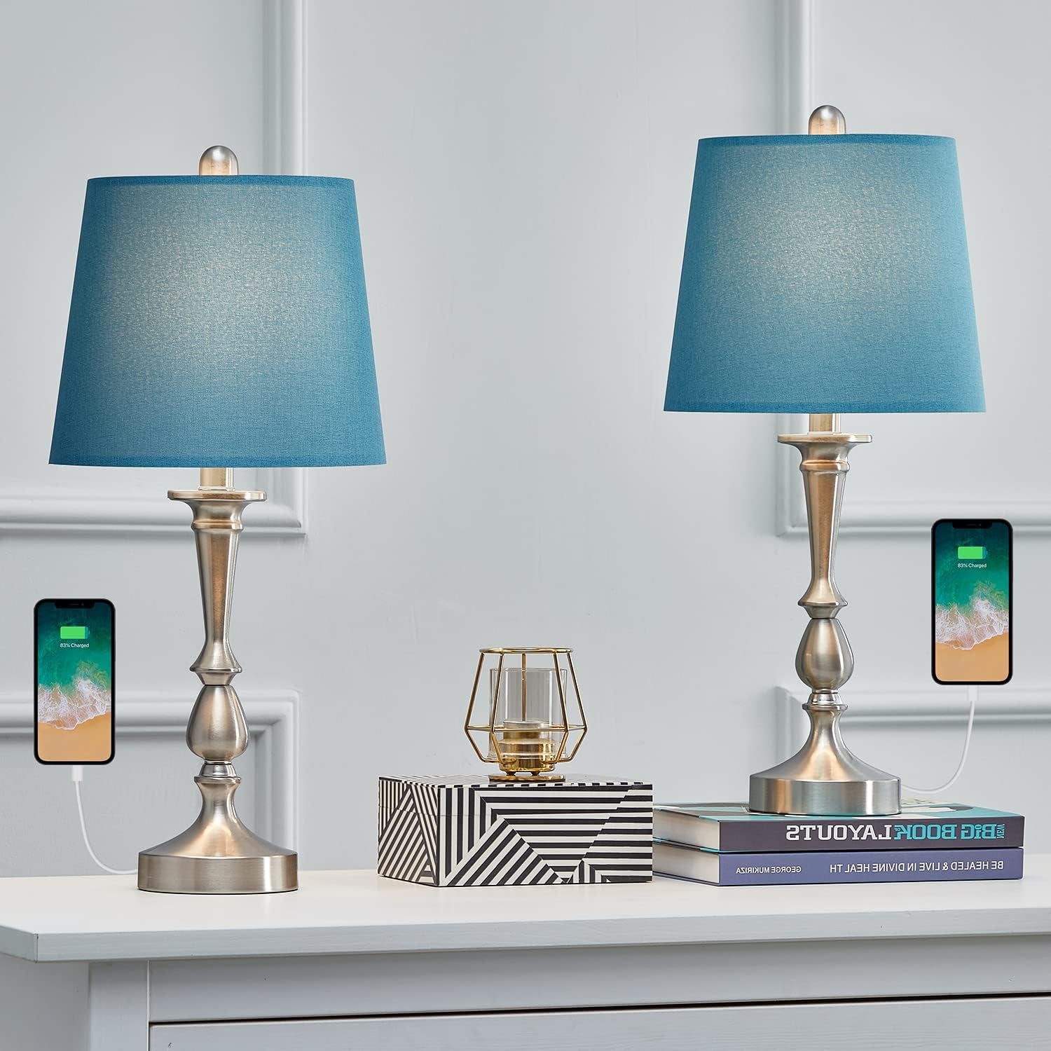 USB Table Lamp Set of 2 22.2” Modern Bedside Night Lamp with USB Port for Living Room Bedroom Nickle Finish Blue Shade
