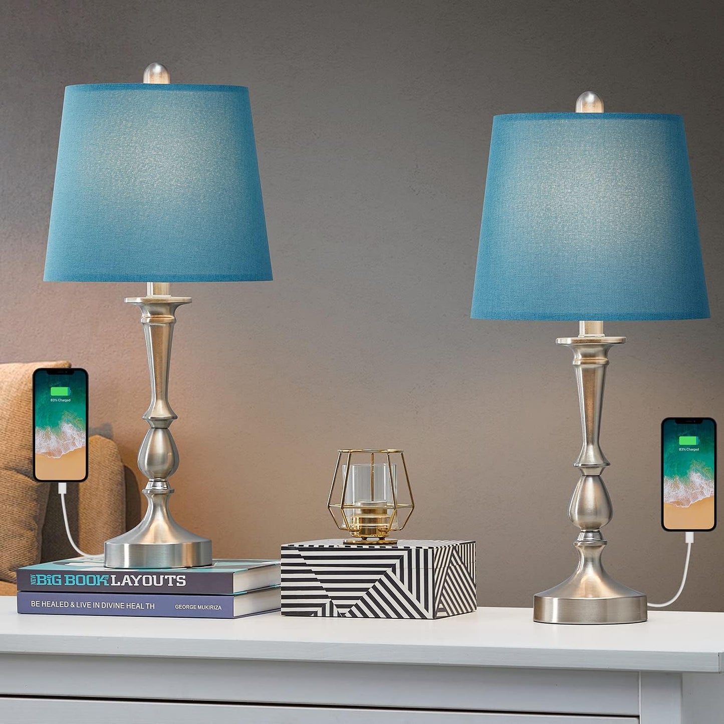 USB Table Lamp Set of 2 22.2” Modern Bedside Night Lamp with USB Port for Living Room Bedroom Nickle Finish Blue Shade
