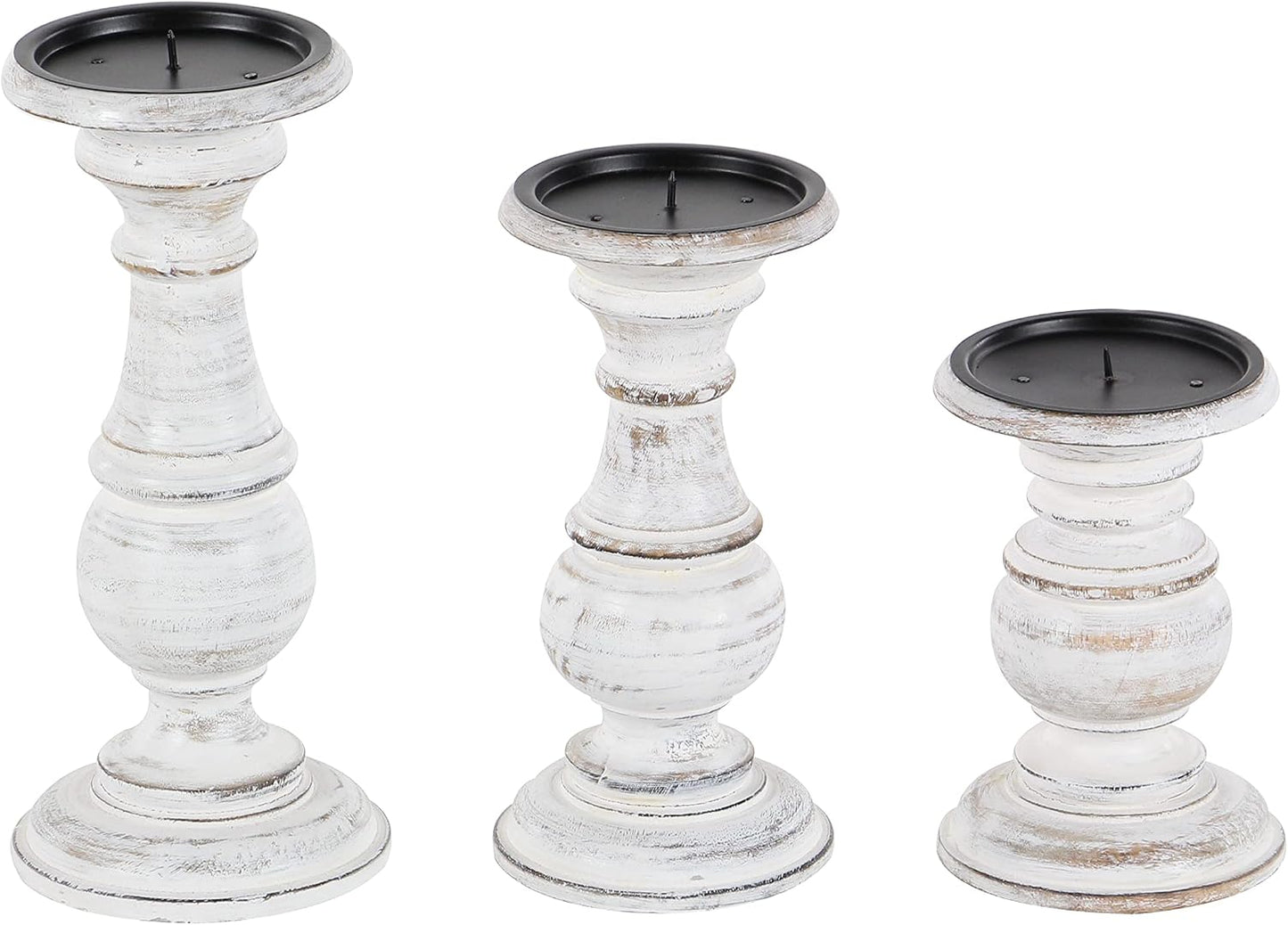 Mango Wood Decorative Candle Holder Turned Style Pillar Candle Stand, Set of 3 Candlestick Holder 10", 8", 6”H, White