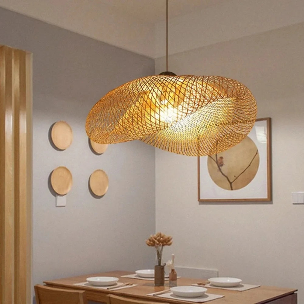 40-80Cm Bamboo Weaving LED Pendant Light Handmade Vintage Home Hanging Chandelier Lampshade Dining Living Room Indoor Fixtures