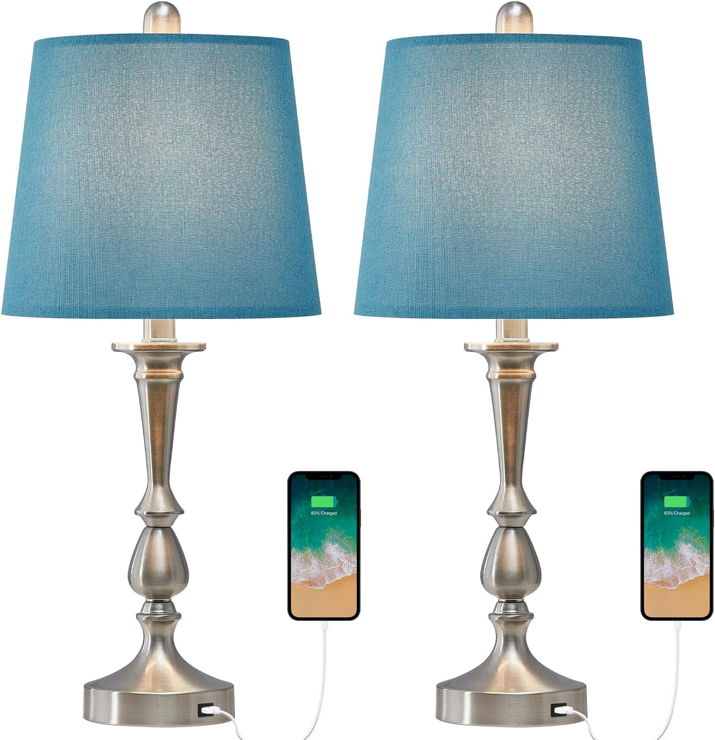 USB Table Lamp Set of 2 22.2” Modern Bedside Night Lamp with USB Port for Living Room Bedroom Nickle Finish Blue Shade