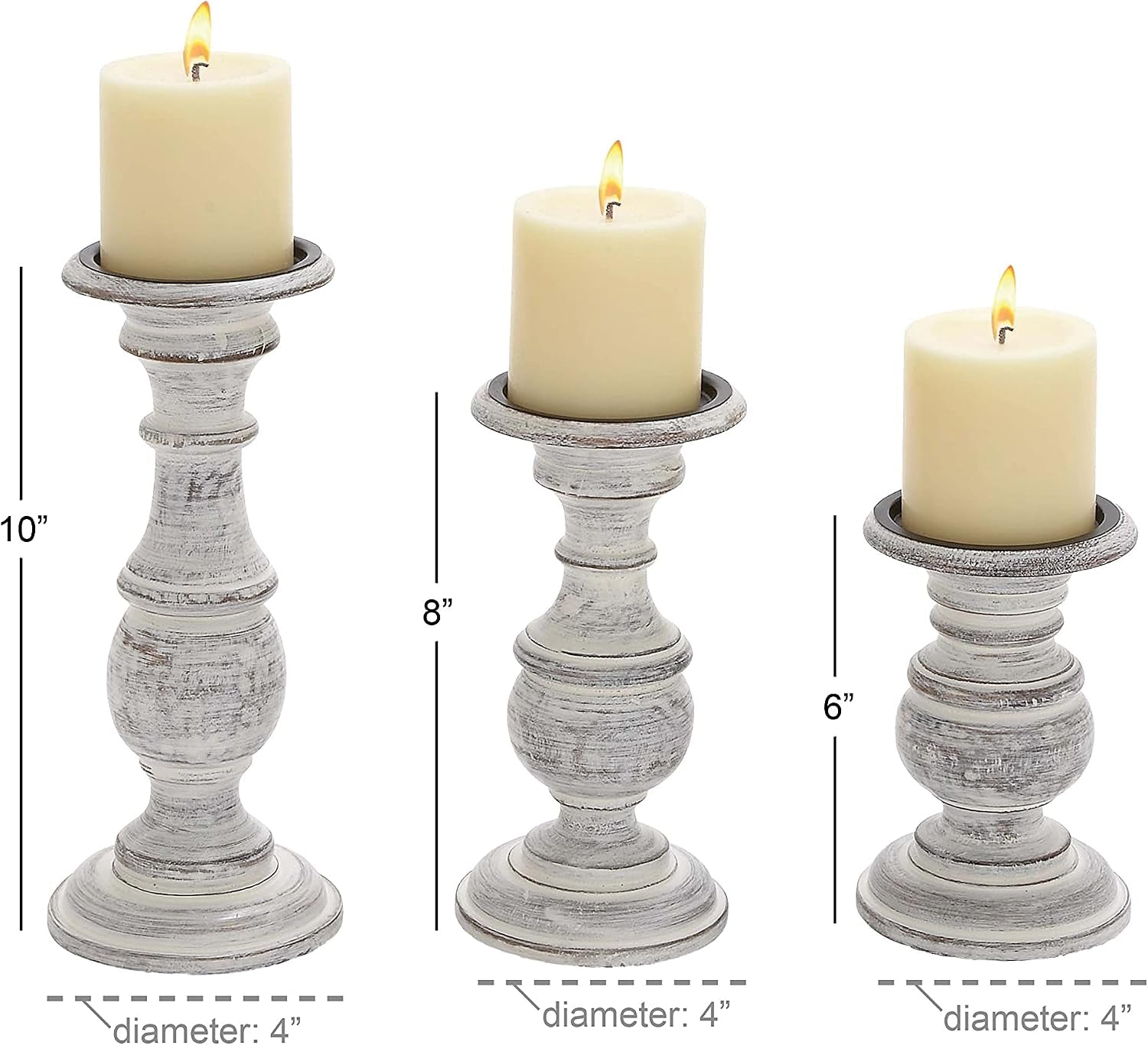 Mango Wood Decorative Candle Holder Turned Style Pillar Candle Stand, Set of 3 Candlestick Holder 10", 8", 6”H, White