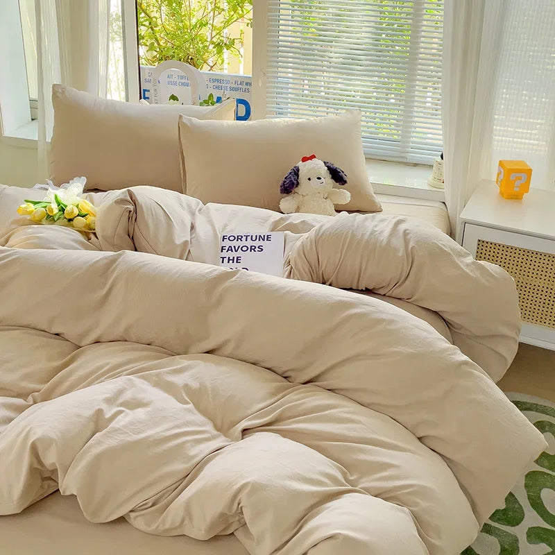 Solid Bed Linen Cotton Bedding Set 4Pcs with Sheet Duvet Cover Pillowcases Single Couple Bedsheet Single Couple Twin Size
