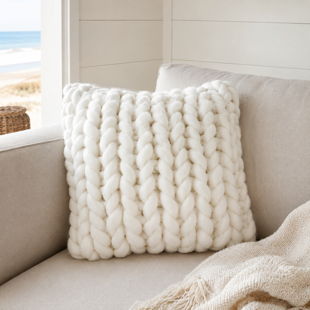 Handwoven Braided Throw Pillow | Coastal Woven Cushion for Sofa & Bed