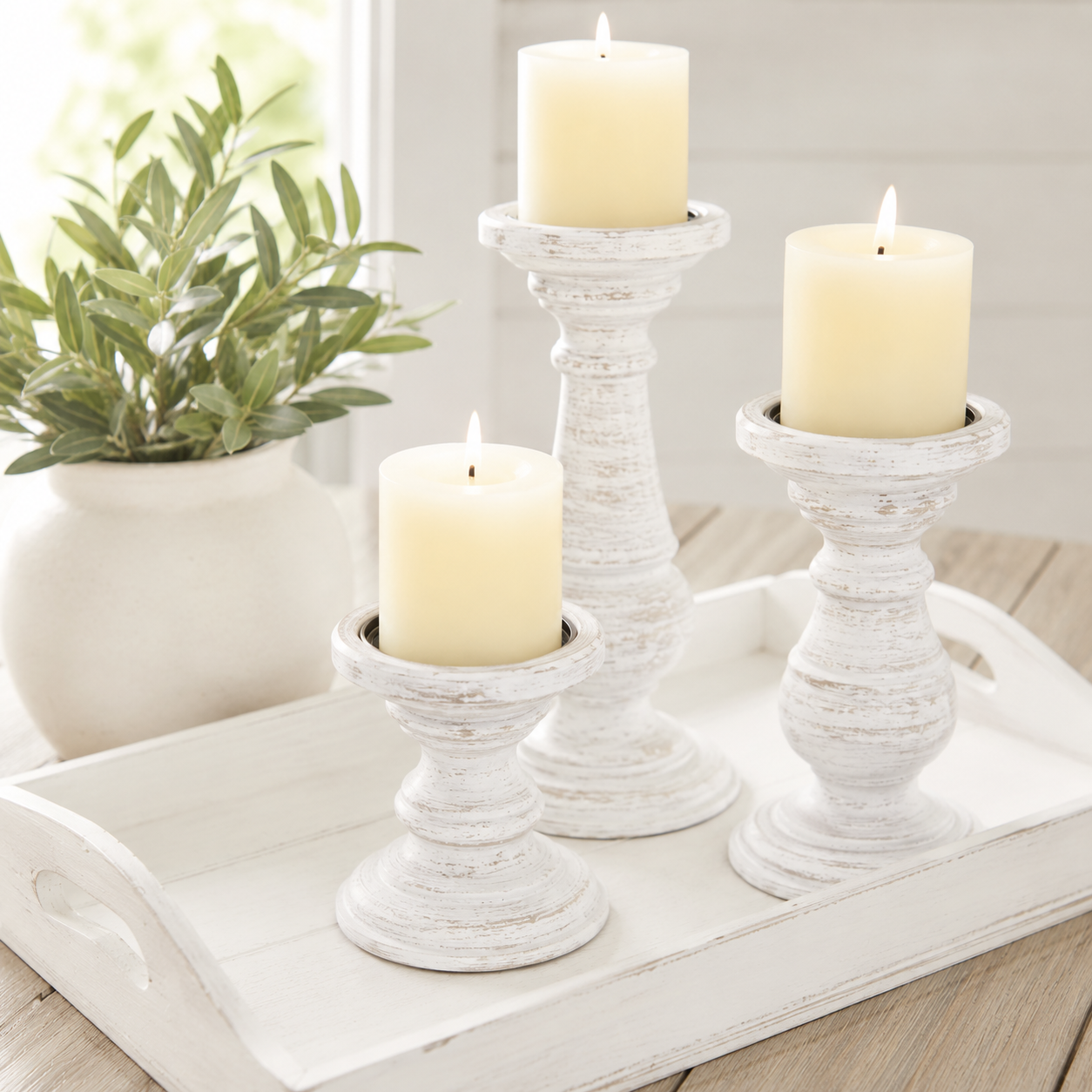 Mango Wood Pillar Candle Holder Set | 3 Piece Taper Candlestick Stand for Home & Table Decor