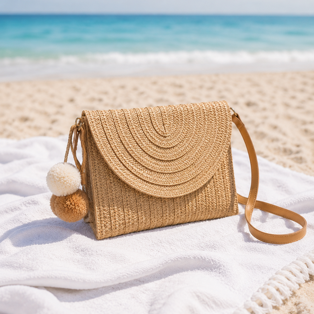 Woven Straw Crossbody Beach Bag for Women — Boho Rattan Shoulder Bag, Summer Vacation Purse for Travel, Pool & Everyday Use