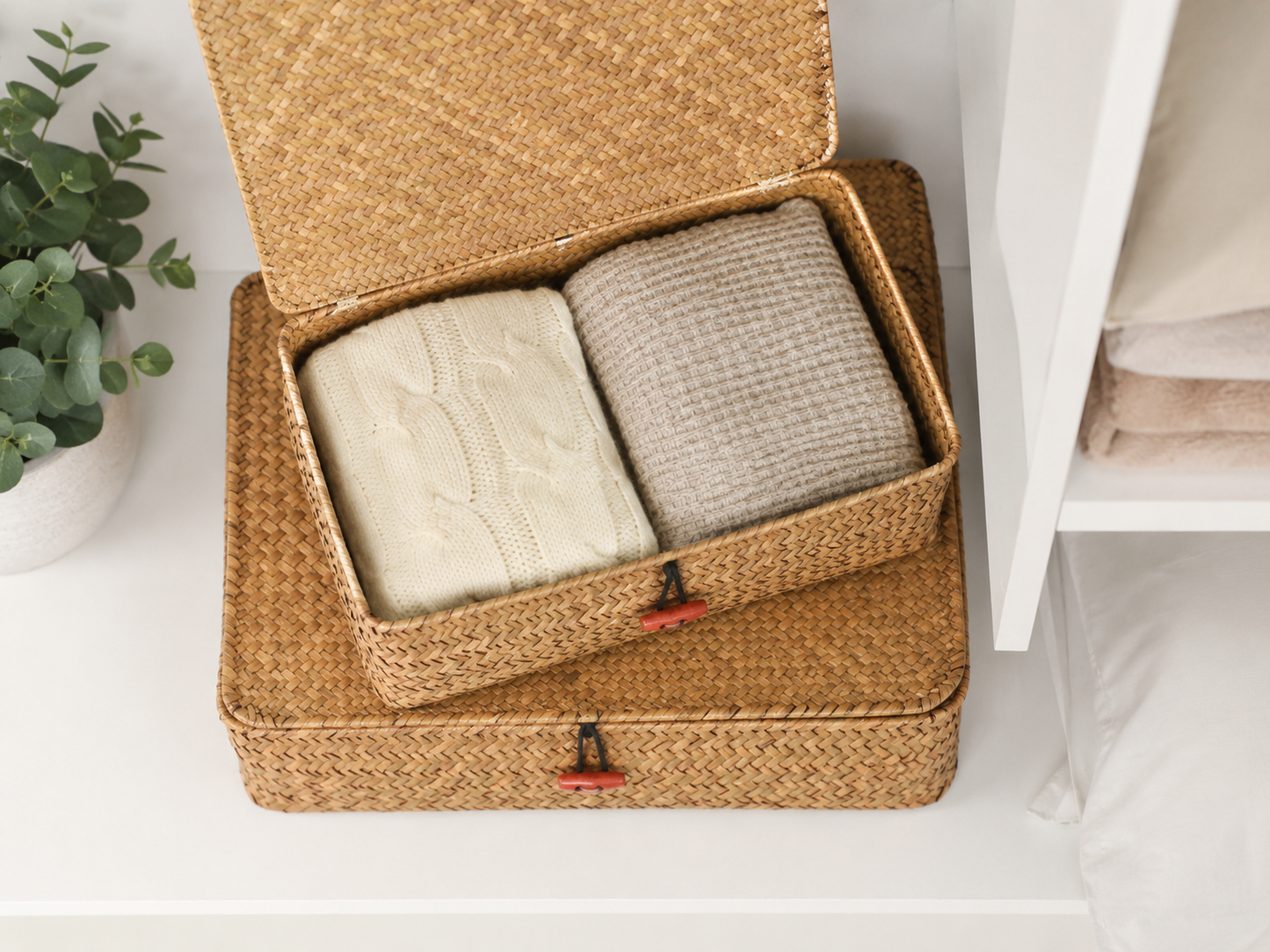 Seagrass Storage Baskets with Lids | Set of 2 Woven Organizer Bins