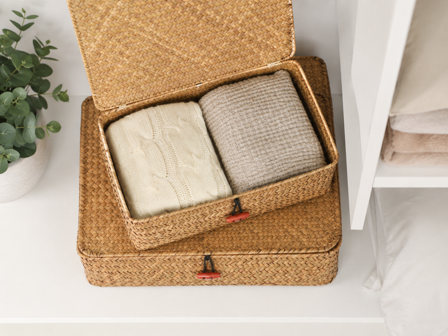 Seagrass Storage Baskets with Lids — Set of 2 Woven Wicker Organizer Bins for Shelf, Closet, Bedroom & Living Room | Boho Home Decor
