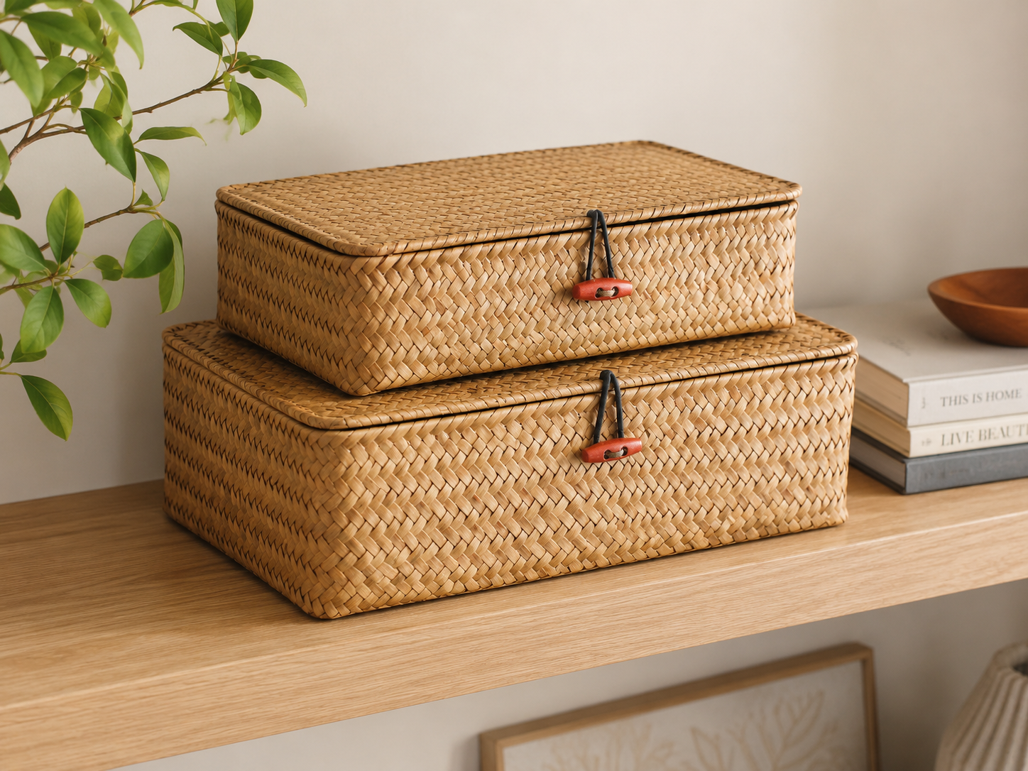 Seagrass Storage Baskets with Lids — Set of 2 Woven Wicker Organizer Bins for Shelf, Closet, Bedroom & Living Room | Boho Home Decor