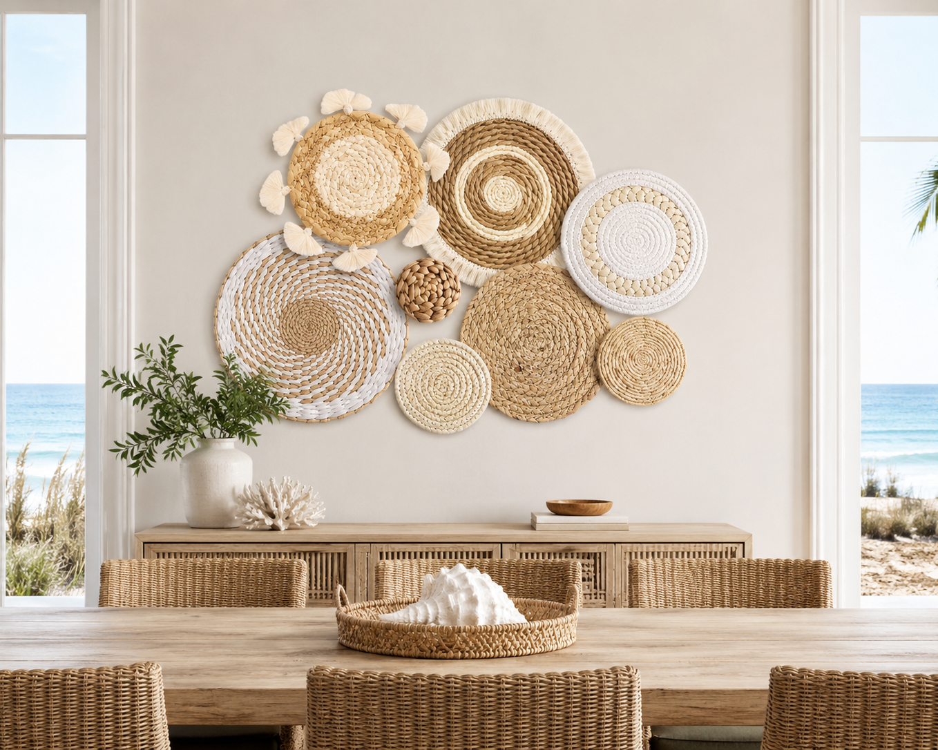 Rattan Wall Decor Set | 7 Piece Wicker Hanging Art for Home