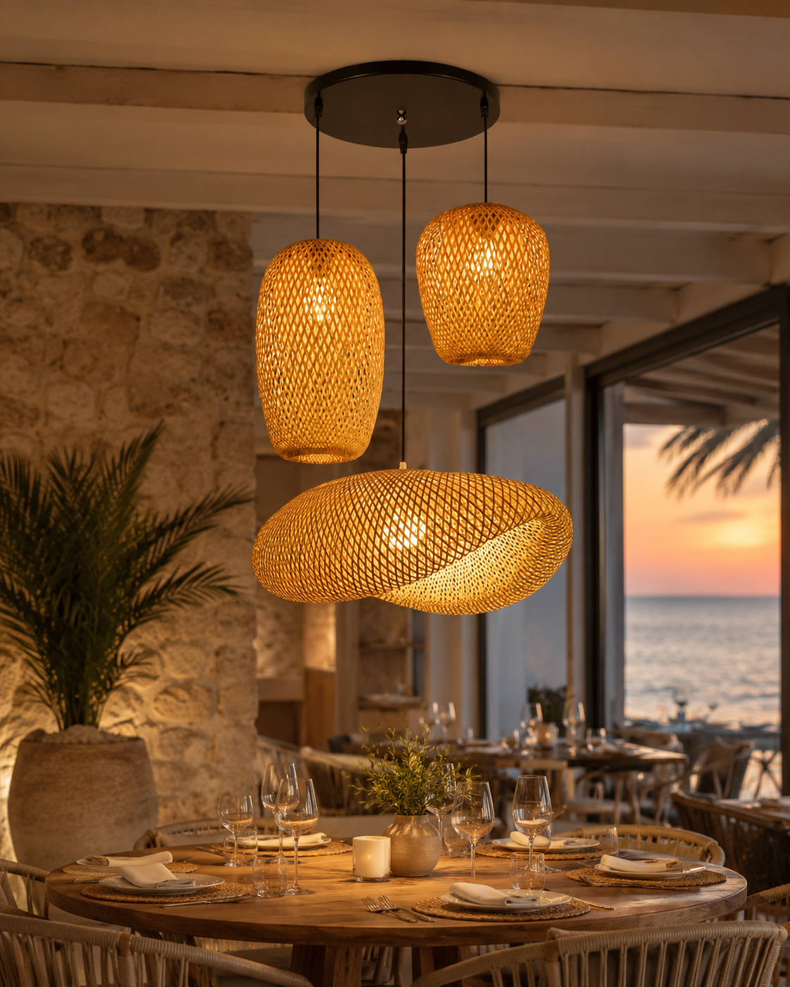Rattan Pendant Lamp set dining room ocean view