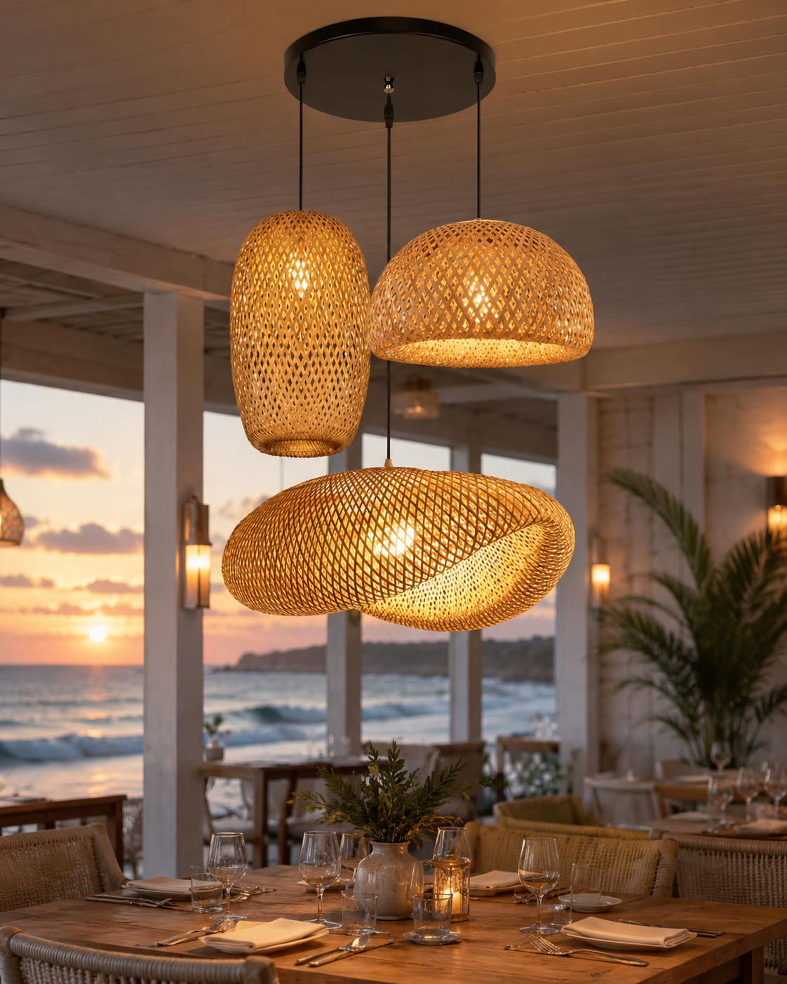 Boho rattan chandelier set coastal home