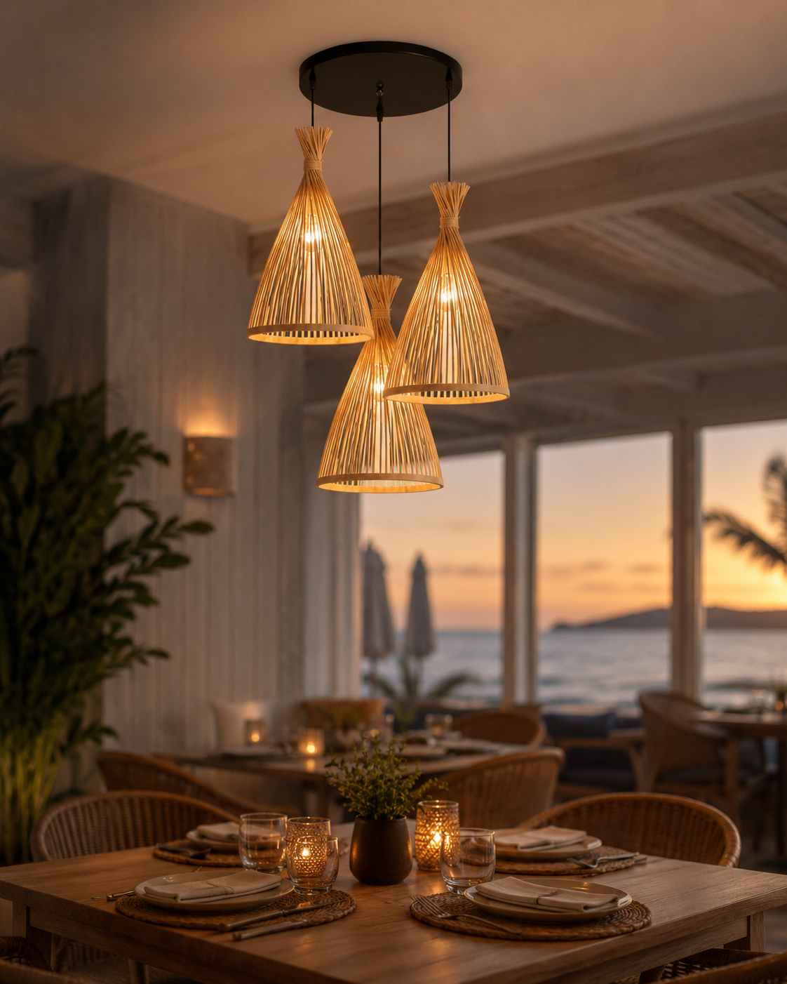 Rattan wicker lamp shade coastal sunset