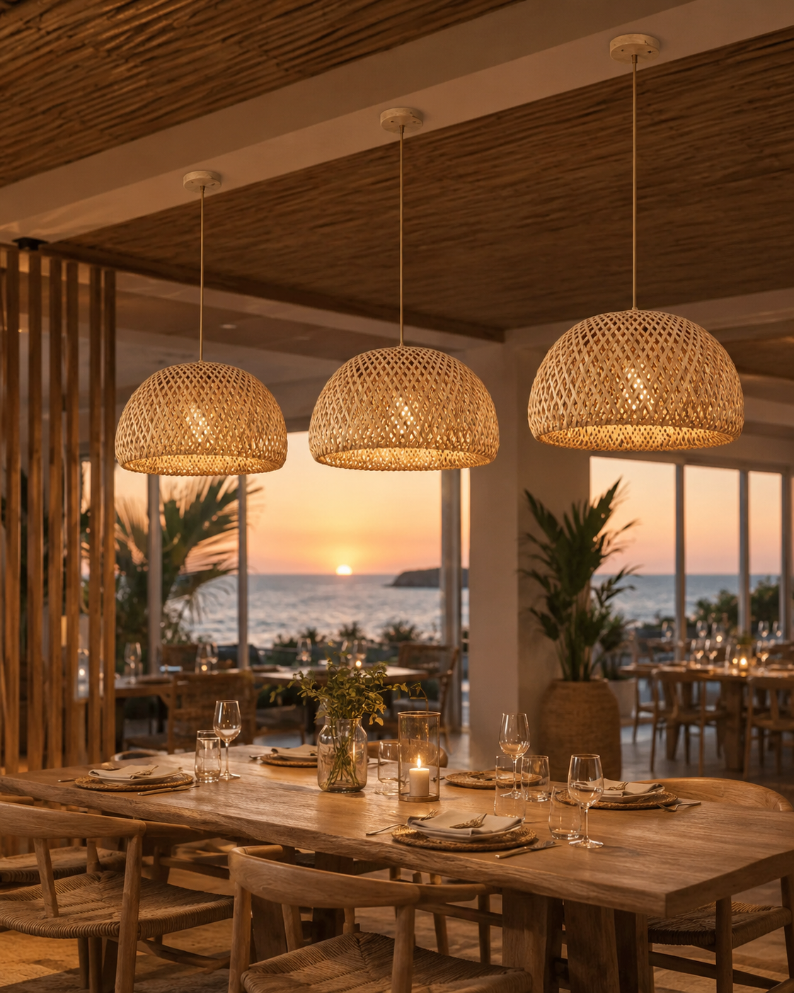 Boho rattan pendant lamp set coastal dining