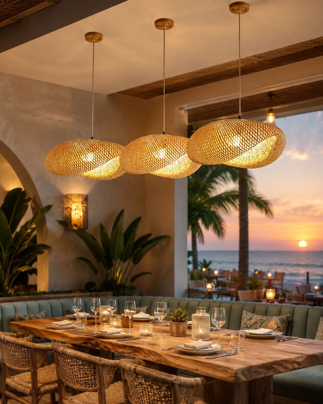 Handwoven rattan chandelier ocean view