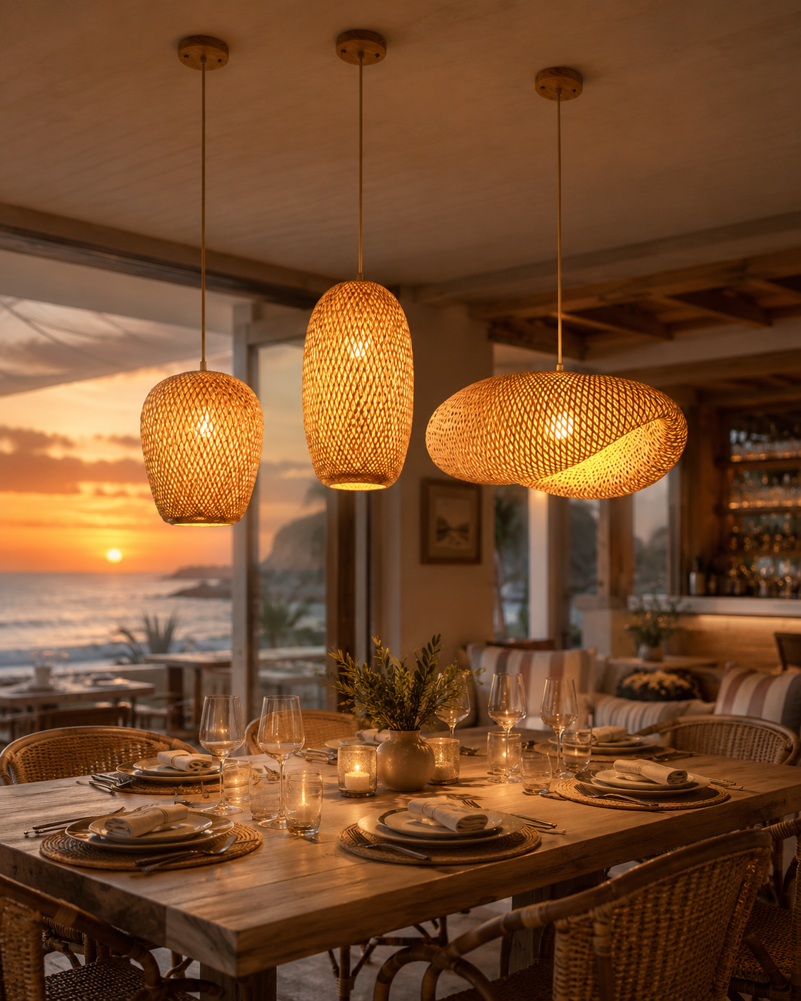 Handwoven Rattan Pendant Lamp warm glow over dining table