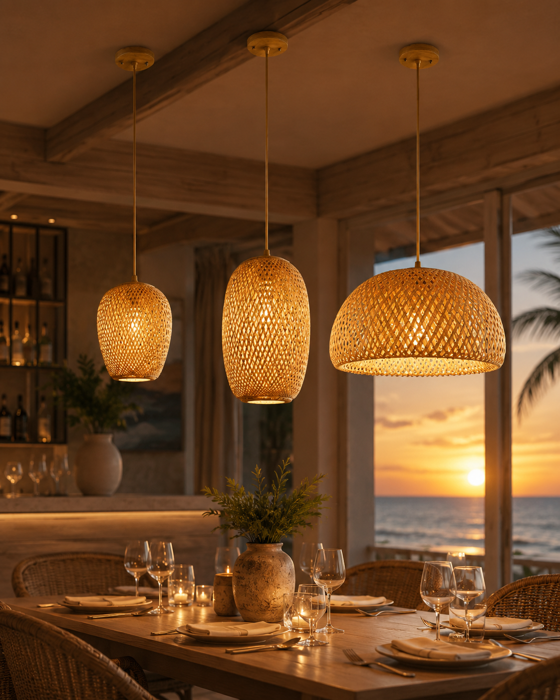 Handwoven Rattan Pendant Lamp coastal dining room sunset view