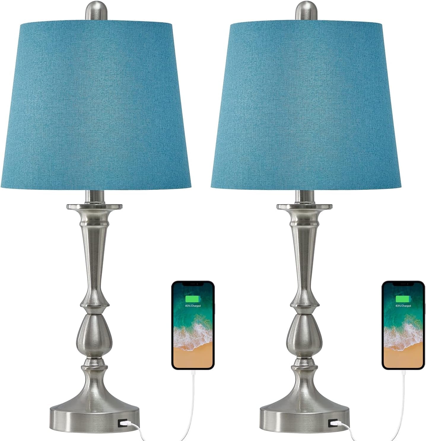 USB Table Lamp Set of 2 22.2” Modern Bedside Night Lamp with USB Port for Living Room Bedroom Nickle Finish Blue Shade