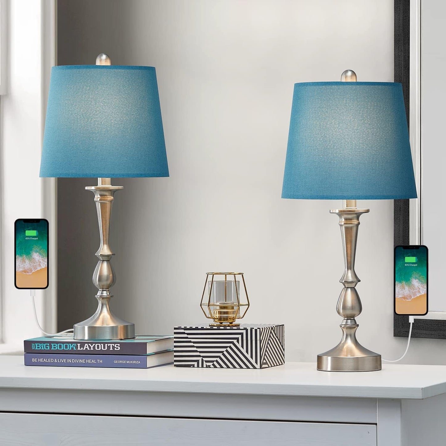 USB Table Lamp Set of 2 22.2” Modern Bedside Night Lamp with USB Port for Living Room Bedroom Nickle Finish Blue Shade