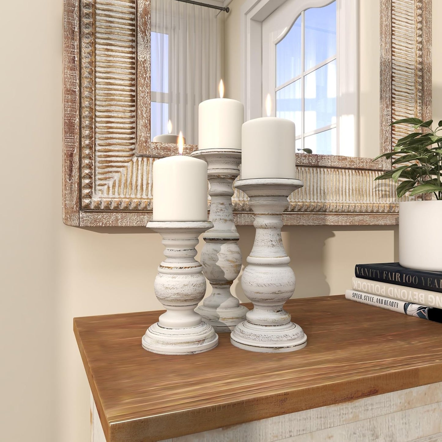 Mango Wood Decorative Candle Holder Turned Style Pillar Candle Stand, Set of 3 Candlestick Holder 10", 8", 6”H, White