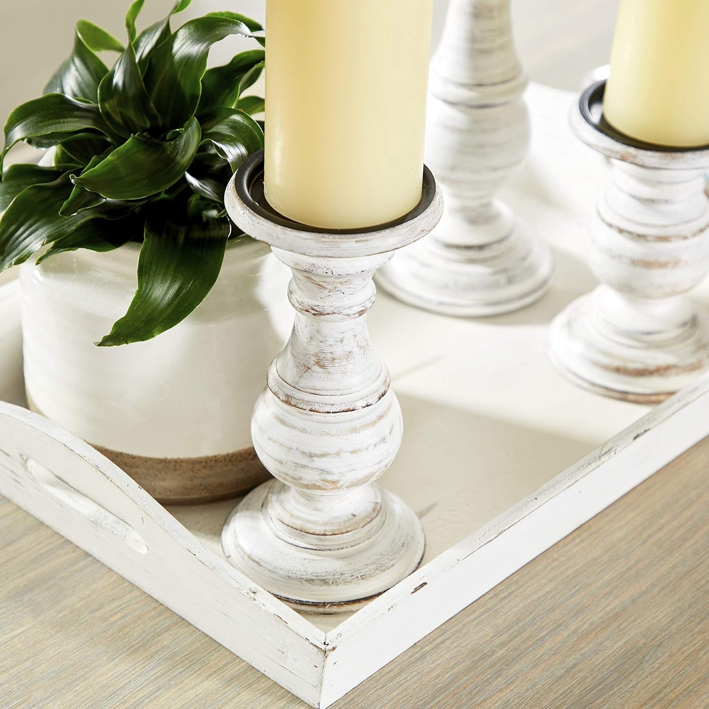 Mango Wood Decorative Candle Holder Turned Style Pillar Candle Stand, Set of 3 Candlestick Holder 10", 8", 6”H, White
