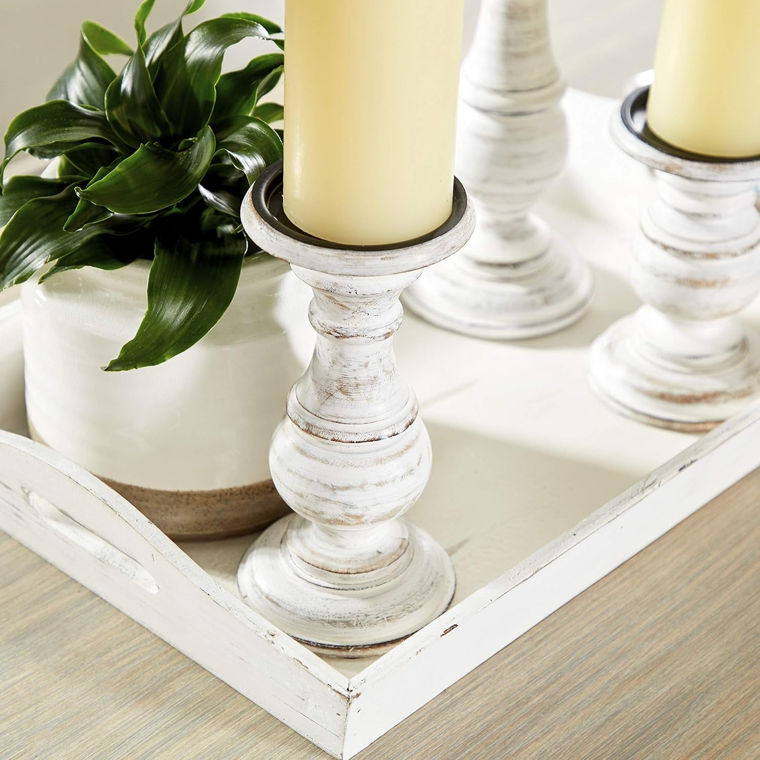 Mango Wood Decorative Candle Holder Turned Style Pillar Candle Stand, Set of 3 Candlestick Holder 10", 8", 6”H, White