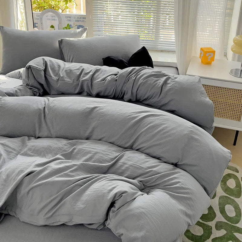 Solid Bed Linen Cotton Bedding Set 4Pcs with Sheet Duvet Cover Pillowcases Single Couple Bedsheet Single Couple Twin Size