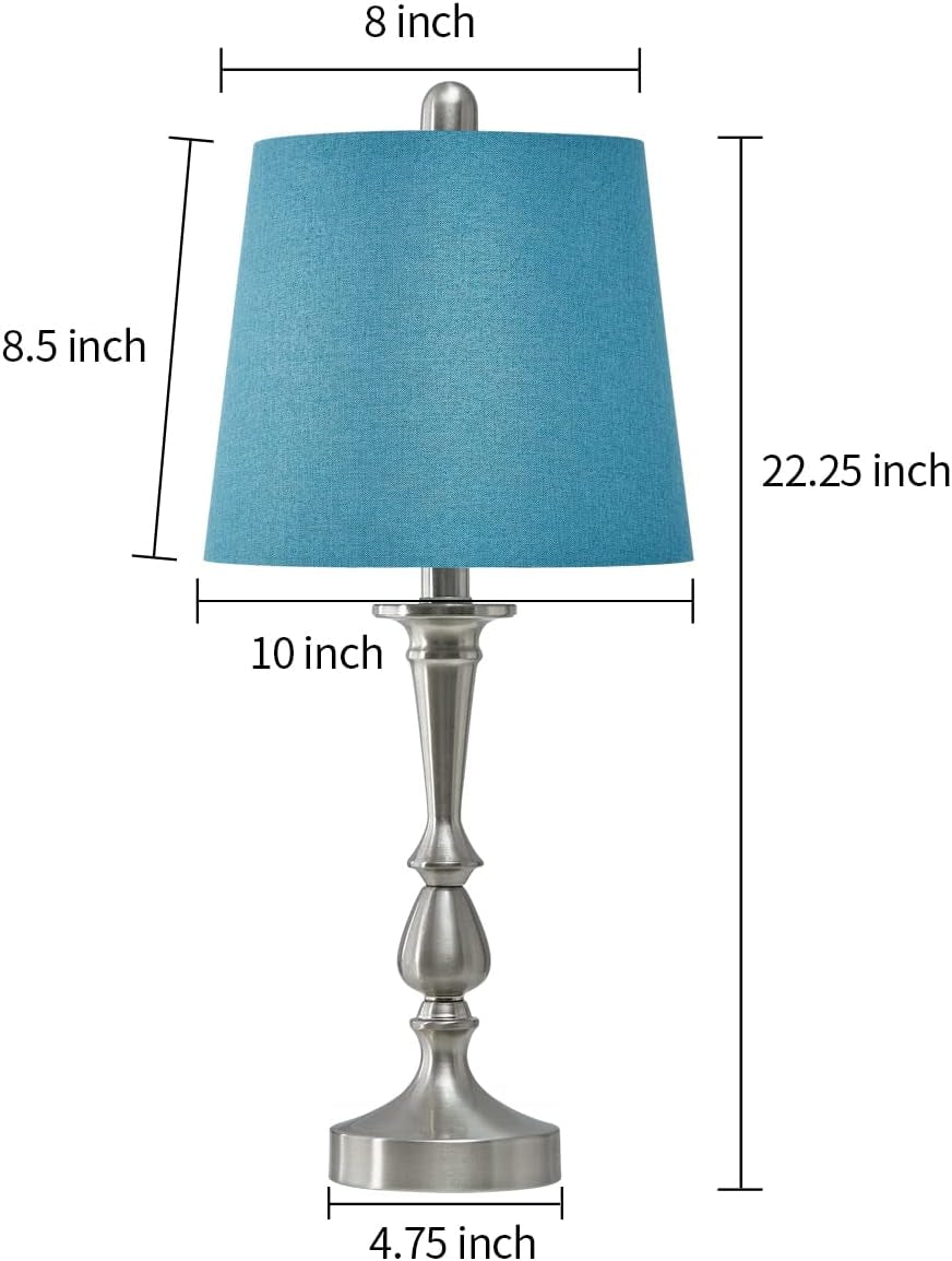 USB Table Lamp Set of 2 22.2” Modern Bedside Night Lamp with USB Port for Living Room Bedroom Nickle Finish Blue Shade